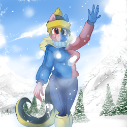 Size: 2000x2000 | Tagged: safe, artist:zcomic, oc, oc only, oc:helsa, earth pony, anthro, beanie, boots, breasts, clothes, digital art, female, gloves, hat, high res, looking at you, mountain, niclove, pants, scarf, shoes, snow, snowfall, solo, sweater, tail, thighs, tree, two-face, waving, wide hips, winter