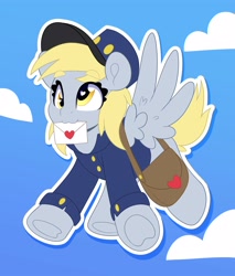 Size: 3406x4000 | Tagged: safe, artist:partypievt, derpy hooves, pegasus, pony, g4, clothes, cloud, cross-eyed, cute, derpabetes, envelope, flying, hat, heart eyes, holiday, letter, mail, mailbag, mailmare, mailpony, mouth hold, outline, simple background, solo, sticker, uniform, valentine's day, white outline, wingding eyes