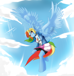 Size: 3300x3400 | Tagged: safe, artist:zcomic, rainbow dash, pegasus, anthro, unguligrade anthro, g4, bedroom eyes, breasts, busty rainbow dash, clothes, cloud, digital art, equestria girls outfit, female, flying, high res, looking at you, shirt, shorts, sky, solo, spread wings, tail, thighs, wings