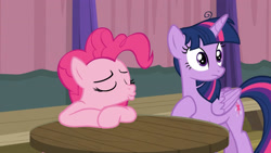 Size: 3410x1920 | Tagged: safe, screencap, pinkie pie, twilight sparkle, alicorn, earth pony, pony, a trivial pursuit, g4, season 9, duo, eyes closed, female, mare, twilight sparkle (alicorn)