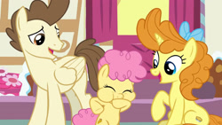 Size: 3410x1920 | Tagged: safe, screencap, li'l cheese, pound cake, pumpkin cake, earth pony, pegasus, pony, unicorn, g4, season 9, the last problem, bipedal, cake twins, eyes closed, female, filly, foal, male, mare, older, older pound cake, older pumpkin cake, open mouth, open smile, siblings, size difference, smiling, stallion, sugarcube corner, the magic of friendship grows, trio, twins