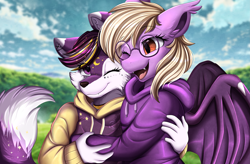 Size: 4015x2640 | Tagged: safe, artist:pridark, oc, oc:pinkfull night, bat pony, fox, anthro, bat pony oc, bust, clothes, cloud, commission, duo, furry, glasses, high res, hoodie, one eye closed, open mouth, portrait, sky