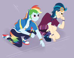 Size: 1896x1494 | Tagged: safe, artist:necrofeline, indigo zap, rainbow dash, pegasus, series:the big run, equestria girls, g4, my little pony equestria girls: friendship games, burp, duo, duo female, female, gray background, hiccup, purple background, ready to race, simple background, start line, starting line, weight gain sequence
