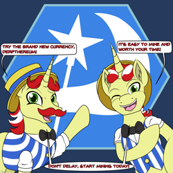 Size: 2000x2000 | Tagged: safe, artist:novaspark, derpibooru exclusive, flam, flim, pony, unicorn, april fools, april fools 2022, brothers, clothes, crypto, derpthereum, duo, duo male, flim flam brothers, hexagon, joke, male, siblings, stallion, that was fast