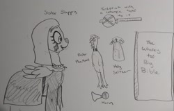 Size: 2048x1307 | Tagged: safe, artist:pony quarantine, oc, oc only, oc:sister slappy, pegasus, pony, bible, bike horn, book, clown, female, grayscale, mare, monochrome, nun, pencil drawing, rubber chicken, solo, spray bottle, traditional art, whoopee cushion