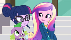 Size: 3410x1920 | Tagged: safe, screencap, dean cadance, princess cadance, sci-twi, spike, spike the regular dog, twilight sparkle, dog, equestria girls, g4, my little pony equestria girls: friendship games, canterlot high, female, glasses, hair bun, high res, male, smiling, stairs, trio