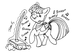 Size: 2000x1500 | Tagged: safe, artist:memprices, twilight sparkle, alicorn, pony, g4, black and white, broom, brush, doodle, dust, grayscale, happy, magic, monochrome, music notes, open mouth, open smile, raised hoof, simple background, singing, sketch, smiling, sweeping, sweepsweepsweep, text, twilight sparkle (alicorn)