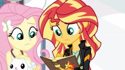 Size: 3410x1920 | Tagged: safe, screencap, angel bunny, fluttershy, sunset shimmer, rabbit, equestria girls, g4, my little pony equestria girls: friendship games, animal, canterlot high, clothes, female, hairpin, high res, jacket, leather, leather jacket, male, smiling, statue, trio