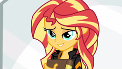 Size: 3410x1920 | Tagged: safe, screencap, sunset shimmer, equestria girls, g4, my little pony equestria girls: friendship games, clothes, female, high res, jacket, leather, leather jacket, smiling, solo, statue