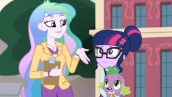 Size: 3410x1920 | Tagged: safe, screencap, princess celestia, principal celestia, sci-twi, spike, spike the regular dog, twilight sparkle, dog, equestria girls, g4, my little pony equestria girls: friendship games, canterlot high, clipboard, female, glasses, high res, male, smiling, trio