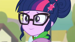 Size: 3410x1920 | Tagged: safe, screencap, sci-twi, spike, spike the regular dog, twilight sparkle, dog, equestria girls, g4, my little pony equestria girls: friendship games, female, glasses, high res, male, offscreen character, smiling, solo focus