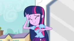 Size: 3410x1920 | Tagged: safe, screencap, twilight sparkle, equestria girls, g4, my little pony equestria girls: friendship games, clothes, cutie mark on clothes, eyes closed, female, high res, smiling, solo, statue