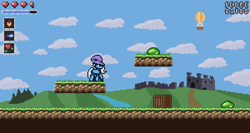 Size: 1200x640 | Tagged: safe, artist:nitobit, trixie, pony, unicorn, g4, april fools, castle, clothes, cloud, crate, female, game, hat, heart, hot air balloon, mare, pixel art, platformer, slime, solo, tree, trixie's hat