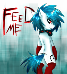 Size: 981x1078 | Tagged: safe, artist:foxinshadow, artist:zeffdakilla, dj pon-3, vinyl scratch, pony, unicorn, g4, abstract background, bipedal, clothes, gloves, headphones, looking at you, nine inch nails, red socks, redraw, socks, solo, standing, stockings, tattoo, thigh highs