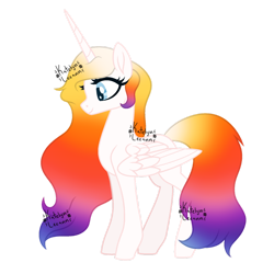 Size: 1280x1280 | Tagged: safe, artist:katelynleeann42, oc, oc only, oc:sunny colors, alicorn, pony, alicorn oc, female, full body, gradient mane, hooves, horn, long horn, mare, palindrome get, show accurate, signature, simple background, smiling, solo, standing, transparent background, watermark, wings