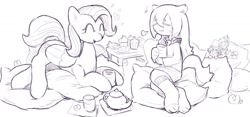 Size: 1165x544 | Tagged: safe, artist:archeryves, fluttershy, pegasus, pony, g4, angel(purrfectapawcalypse), clothes, cushion, heart, monochrome, purrfectapawcalypse, smiling, socks, tea time