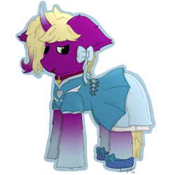 Size: 2000x2000 | Tagged: safe, artist:spiroudada, oc, oc only, oc:velvet sky, pony, unicorn, blue dress, bow, choker, clothes, crossdressing, cute, dress, high res, male, shoes, simple background, solo, stallion, transparent background