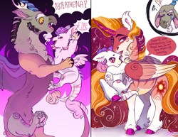 Size: 2200x1700 | Tagged: safe, artist:theartfox2468, discord, princess celestia, oc, oc:athena, alicorn, draconequus, hybrid, pony, g4, alternate design, child, dialogue, draconequus oc, ethereal mane, family, fangs, female, fire, interspecies offspring, male, mare, offspring, parent:discord, parent:princess celestia, parents:dislestia, ship:dislestia, shipping, star au, starry mane, straight