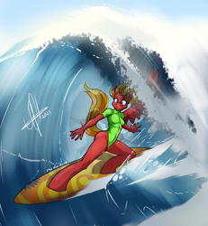 Size: 920x994 | Tagged: safe, artist:zcomic, oc, oc only, oc:shark puncher, oc:shark-puncher, oc:sharkpuncher, pegasus, anthro, unguligrade anthro, beach, breasts, clothes, digital art, female, niclove, ocean, one-piece swimsuit, rule 63, solo, spread wings, surfboard, surfing, swimsuit, tail, thighs, water, wave, wings