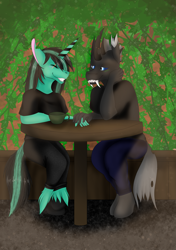Size: 3023x4299 | Tagged: safe, artist:ginnythequeen, oc, oc:404, oc:ginny, alicorn, changeling, anthro, 40nny, blushing, cup, love, table