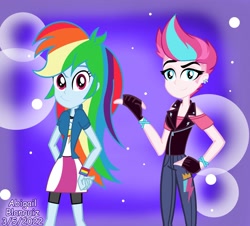 Size: 1912x1725 | Tagged: safe, artist:kova360, rainbow dash, zipp storm, equestria girls, g4, g5, bracelet, clothes, cutie mark on clothes, duo, ear piercing, earring, eqg promo pose set, equestria girls-ified, fingerless gloves, g5 to equestria girls, g5 to g4, gloves, hand on hip, jewelry, leather vest, looking at you, piercing, vest