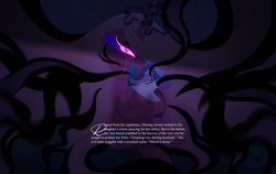 Size: 7113x4500 | Tagged: safe, artist:bearmation, princess cadance, princess flurry heart, oc, oc:heart attack, alicorn, pony, g4, absurd resolution, baby, baby pony, female, filly, foal, glowing, glowing eyes, holding a pony, implied shining armor, mare, mother and child, mother and daughter, nightmare cadance, nightmare heart, nightmarified, story included, text