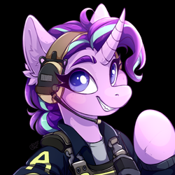 Size: 3000x3000 | Tagged: safe, artist:rico_chan, starlight glimmer, unicorn, collaboration:choose your starlight, black background, bust, clothes, collaboration, cosplay, costume, counter-strike: global offensive, crossover, ear fluff, headset, portrait, simple background, sketch, smiling, solo