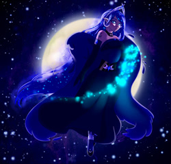 Size: 1024x978 | Tagged: safe, artist:stormcloud-yt, princess luna, human, g4, clothes, female, flying, full body, gloves, humanized, long gloves, lunan, moon, night, outdoors, solo, winged humanization, wings
