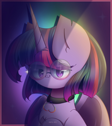 Size: 2000x2250 | Tagged: safe, artist:miryelis, twilight sparkle, alicorn, pony, g4, choker, cute, glasses, heart, high res, horn, looking at you, rainbow, short hair, simple background, smiling, smiling at you, solo, twilight sparkle (alicorn), wings