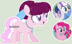 Size: 1024x625 | Tagged: safe, artist:stormcloud-yt, pinkie pie, twilight velvet, oc, earth pony, pony, unicorn, g4, crack ship offspring, deviantart watermark, eyelashes, female, filly, foal, magical lesbian spawn, mare, obtrusive watermark, offspring, parent:pinkie pie, parent:twilight velvet, parents:pinkievelvet, screencap reference, simple background, smiling, watermark