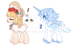 Size: 1024x663 | Tagged: safe, artist:miioko, oc, oc only, pony, unicorn, deviantart watermark, duo, eyes closed, hat, horn, obtrusive watermark, simple background, sun hat, unicorn oc, unshorn fetlocks, watermark, white background