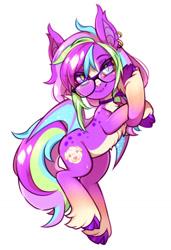 Size: 1024x1499 | Tagged: safe, artist:miioko, oc, oc only, bat pony, pony, bat pony oc, bat wings, choker, cloven hooves, ear piercing, earring, female, glasses, jewelry, mare, piercing, simple background, smiling, solo, white background, wings