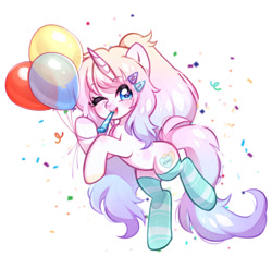 Size: 1024x1007 | Tagged: safe, artist:miioko, oc, oc only, pony, unicorn, balloon, clothes, female, mare, one eye closed, party horn, simple background, socks, solo, striped socks, white background, wink