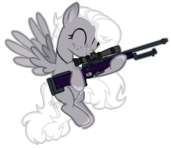 Size: 1066x920 | Tagged: safe, artist:toffeelavender, oc, oc only, pegasus, pony, base used, eyelashes, eyes closed, female, flying, freckles, gun, jewelry, mare, necklace, pegasus oc, rifle, simple background, smiling, solo, transparent background, weapon