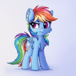 Size: 2200x2200 | Tagged: safe, alternate character, alternate version, artist:zeepheru_pone, derpibooru exclusive, rainbow dash, pegasus, pony, annoyed, cheek fluff, chest fluff, cute, dashabetes, ear fluff, female, fluffy, folded wings, frown, full body, gradient background, high res, hoof fluff, hooves, leg fluff, mare, raised eyebrow, shadow, solo, standing, tail, three quarter view, wings