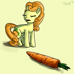 Size: 2399x2399 | Tagged: safe, artist:uteuk, carrot top, golden harvest, earth pony, pony, g4, behaving like a cat, carrot, food, high res, meme, ponified animal photo, ponified meme, simple background, solo