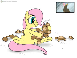Size: 1362x1028 | Tagged: safe, artist:doublewbrothers, fluttershy, harry, bear, pegasus, pony, g4, lesson zero, destroyed, female, filly, filly fluttershy, foal, plushie, ripping, screencap reference, simple background, teddy bear, troubling unchildlike behavior, white background, younger