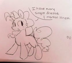 Size: 2048x1768 | Tagged: safe, artist:swirlseypop, pinkie pie, earth pony, pony, g4, chest fluff, dialogue, sketch, smiling, solo, traditional art