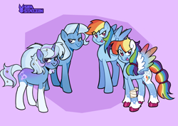 Size: 3239x2298 | Tagged: safe, artist:seasemissary, rainbow dash, trixie, pegasus, pony, unicorn, g4, alternate design, high res, lidded eyes, looking at you, smiling, spread wings, wings