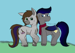 Size: 1280x906 | Tagged: safe, artist:lil_vampirecj, oc, oc:cj vampire, oc:zephyr star, bat pony, earth pony, pony, colored, ears back, fangs, flat colors, floppy ears, looking at each other, looking at someone, pair, sketch, smiling