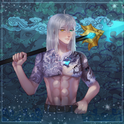 Size: 2000x2000 | Tagged: safe, artist:keiq79, oc, oc only, oc:king ao, changeling, chinese dragon, dragon, human, abs, abstract background, belt, clothes, cloud, half naked, heterochromia, high res, humanized, looking at you, male, muscles, pants, partial nudity, samurai, solo, spear, tattoo, topless, warrior, wave, weapon, yakuza
