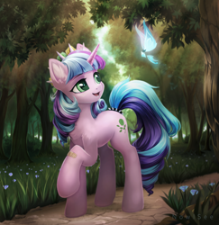Size: 2430x2500 | Tagged: safe, artist:inowiseei, oc, oc:ivy lush, butterfly, pony, unicorn, bandaid, chest fluff, commission, ear fluff, female, flower, forest, green eyes, high res, horn, mare, path, pink coat, scenery, solo, spread wings, tail, tree, two toned mane, two toned tail, unicorn oc, walking, wings
