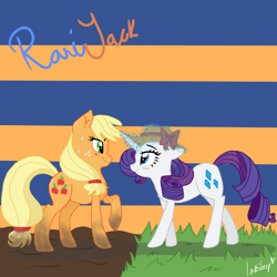 Size: 4000x4000 | Tagged: safe, artist:lostsheep, applejack, rarity, earth pony, pony, unicorn, g4, dirt, female, hat, lesbian, magic, ribbon, ship:rarijack, shipping, sweat