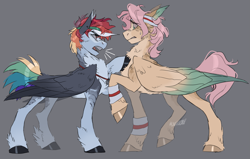 Size: 2121x1352 | Tagged: safe, artist:sannateacupss, fluttershy, rainbow dash, pegasus, pony, g4, alternate design, alternate hairstyle, coat markings, colored wings, hairband, hoof fluff, looking at each other, looking at someone, raised hoof, redesign, wings