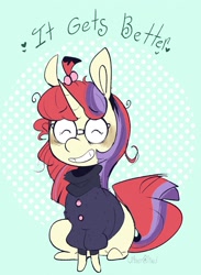 Size: 1691x2311 | Tagged: safe, artist:urbanqhoul, moondancer, pony, unicorn, g4, clothes, cute, dancerbetes, eyes closed, female, glasses, happy, mare, positive message, positive ponies, smiling, solo, sweater