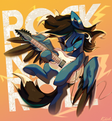 Size: 2040x2200 | Tagged: safe, artist:kaleido-art, artist:paintedkaleido, oc, oc only, oc:livewire, pegasus, pony, colored wings, commission, ear piercing, earring, electric guitar, eyes closed, female, guitar, high res, industrial piercing, jewelry, mare, multicolored wings, musical instrument, piercing, playing instrument, rock (music), smiling, solo, spread wings, two toned wings, wings