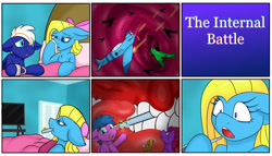 Size: 1280x731 | Tagged: safe, artist:noblebrony317, oc, oc:cuteamena, oc:electric blue, pony, city, dogfight, eaten alive, electricute, fighter, internal, macro, micro, plane, sick, surprised, teeth, television, thermometer, tissue, title card, tongue out, unaware, uvula, vore