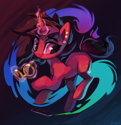Size: 2390x2470 | Tagged: safe, artist:kaleido-art, artist:paintedkaleido, oc, oc only, oc:rubellite, pony, unicorn, abstract background, commission, ear piercing, earring, female, goggles, high res, jewelry, mare, piercing, smiling, solo