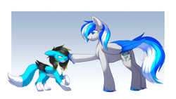 Size: 1240x700 | Tagged: safe, artist:scarlet-spectrum, oc, oc only, oc:hawker hurricane, oc:thundy, hybrid, pegasus, pony, boop, colored wings, commission, duo, height difference, male, size difference, slender, smol, stallion, thin, two toned wings, watermark, wings