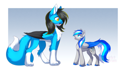 Size: 1240x700 | Tagged: safe, artist:scarlet-spectrum, oc, oc only, oc:hawker hurricane, oc:thundy, pegasus, pony, coat markings, colored wings, duo, long tail, looking at each other, looking at someone, male, multicolored wings, size difference, slender, smol, socks (coat markings), stallion, tail, thin, two toned wings, unshorn fetlocks, wings